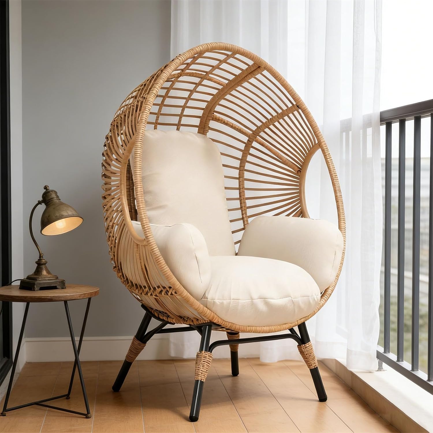 Indoor Outdoor Wicker Egg Chair, 400lbs Capacity, 8-Inch Soft Cushion, Ergonomic Seat Balcony Chairs(Natural)