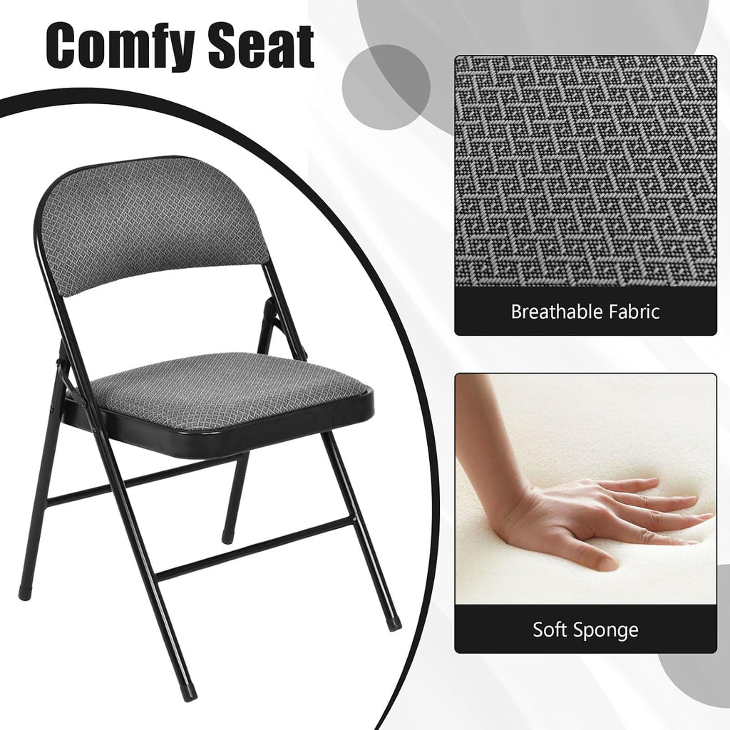 COSTWAY 6 Pack Upholstered Folding Chairs, Foldable Chair with Steel Frame and Fabric Padded Seat & Backrest for Home Office Outside Party Event, Grey & Black