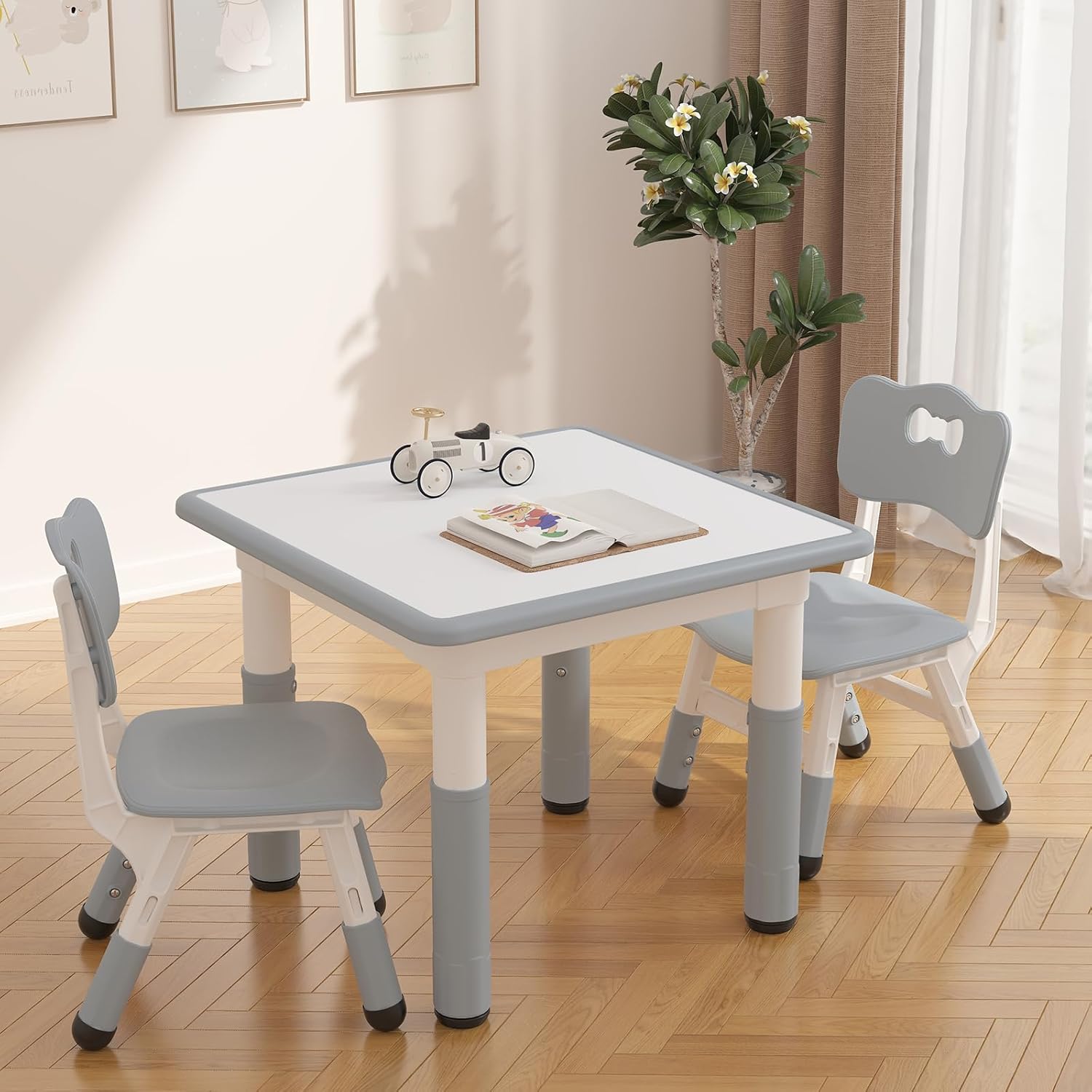 GAOMON Kids Table and 2 Chairs Set with Graffiti Desktop, Height Adjustable Toddler Table and Chairs Set for Reading, Drawing, Playing, Eating