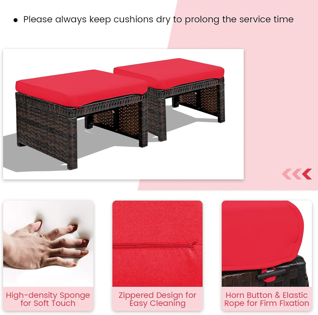 ORALNER Outdoor Ottoman, Set of 2 Wicker Footstools, All-Weather Rattan Foot Stools w/Removable Cushions, Patio Footrest Extra Seating for Porch, Poolside, Garden, Deck, Easy Assembly (Red)