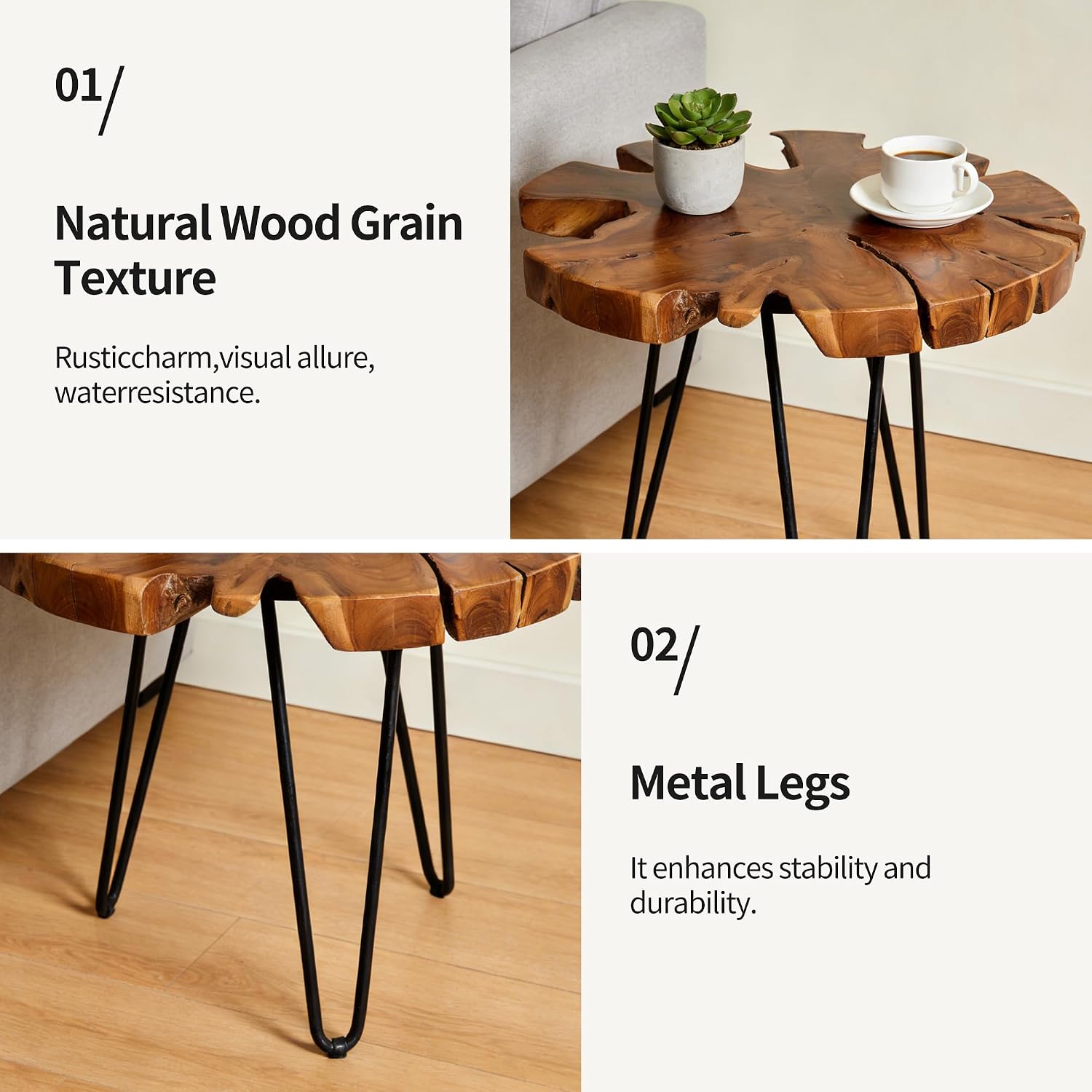 DUHOME Natural Live Edge Side Table - One-of-a-Kind Solid Wood Slab with Unique Shape, Grain & Cracks, Black Hairpin Legs, Rustic Boho Side Table for Living Room, Bedroom, Sofa