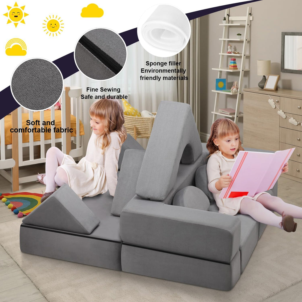 9pcs Modular Kids Play Couch, Toddler & Child Sectional Sofa, Convertible Foam and Floor Cushion for Boys and Girls, Foldable Playroom Bedroom Furniture, Gray