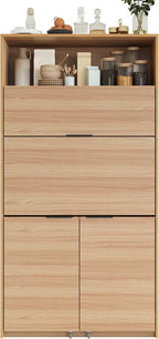 69" Compact Kitchen Pantry with Power Outlet, Freestanding Wooden Kitchen Organizers Storage Cabinet with Hutch and Foldable Workstation, Pantry Buffet with Adjustable Shelf for Dining Room, Natural