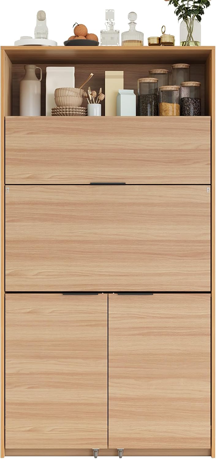 69'' Tall Kitchen Pantry Cabinet with Foldable Workstation, Kitchen Food Pantry Hutch with Adjustable Shelf, Folding Secretary Desk with Storage Hutch for Living Room, Dining Room (Natural)