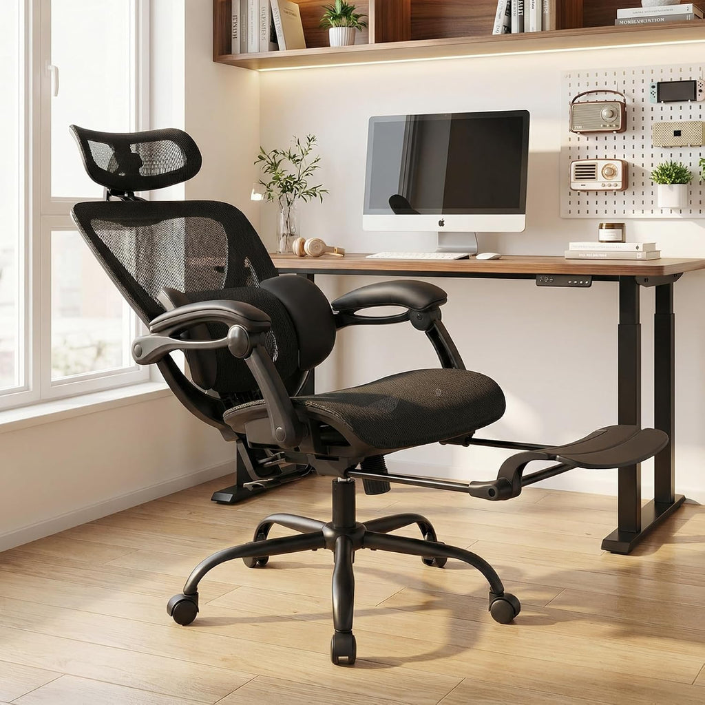 MALOL Ergonomic Mesh Office Chair with Footrest, Executive High Back Computer Desk Chair with 3D Adjustable Headrest & 5-Level Lumbar Support, Reclining Tilt Lock, 3D Arms, 300LBS Capacity, Black