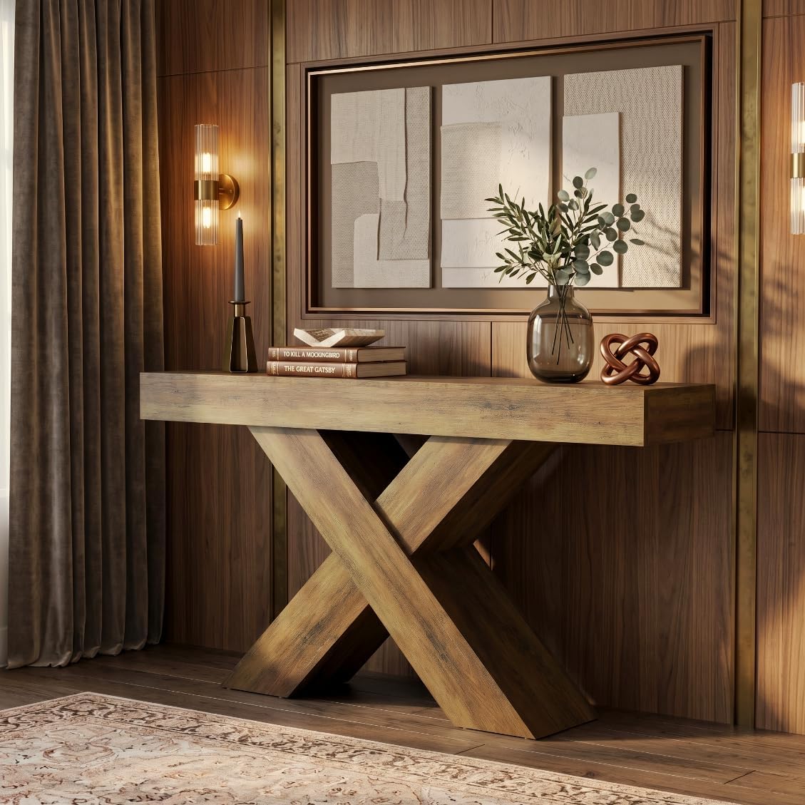 LITTLE TREE Entryway Table, 55" Narrow Console Table, Industrial Entryway Table with X-Shaped Legs, Narrow Sofa Hallway Foyer Table for Living Room, Entryway, Foyer, Rustic Brown