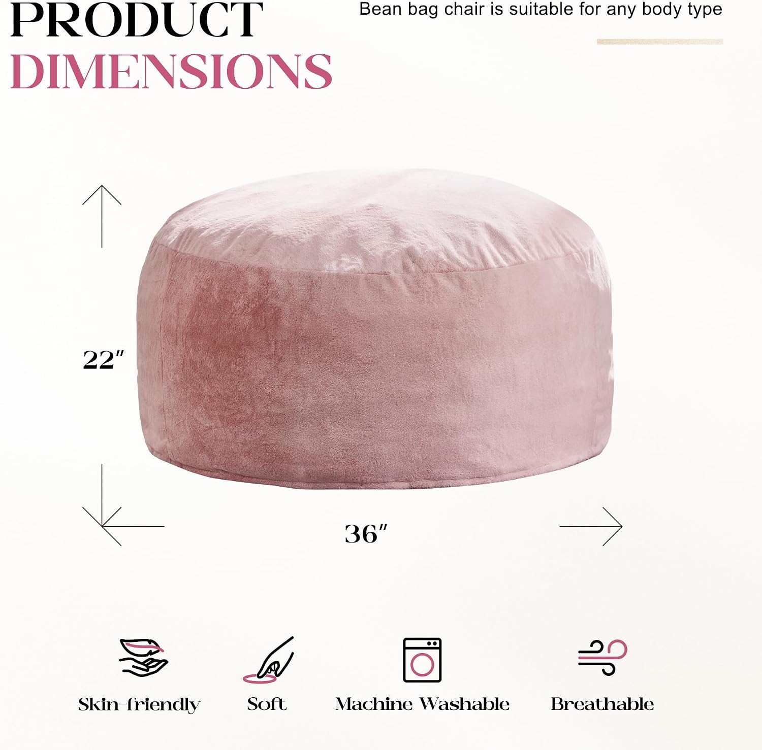 Hobestluk Bean Bag Chair for Adult Giant Beanbag with Filler Pink 3FT | Breathable Material Removable Machine Washable Cover Memory Foam Living Room Bedroom Reading Gaming Oversized Large Big