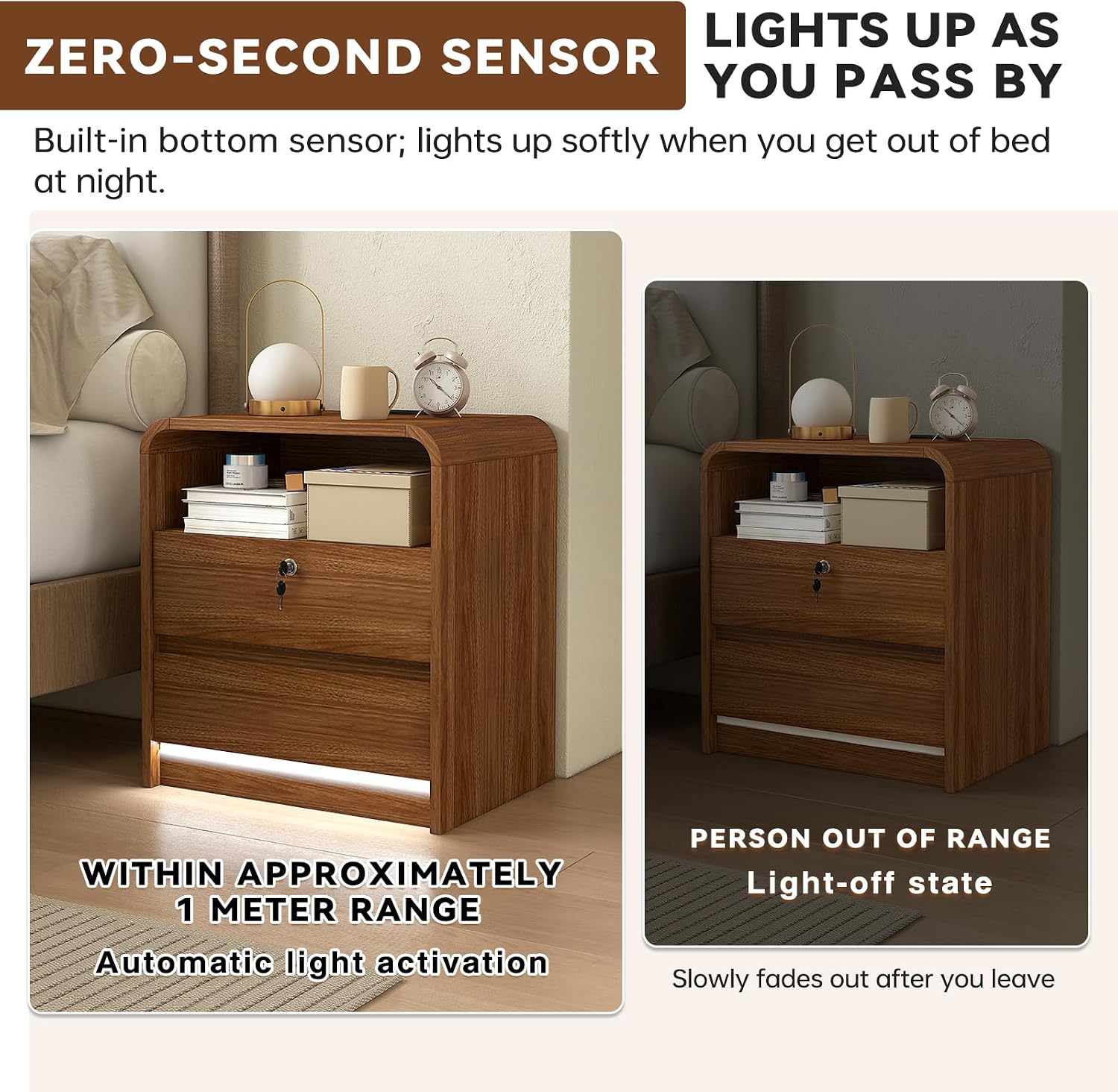 23.6" Walnut Nightstand Set of 2 with Charging Station, Motion-Activated LED Light & Soft Close Lockable Drawer, Anti-Collision Mid Century Modern Bedside Table with 500 LB Capacity & Hidden Storage