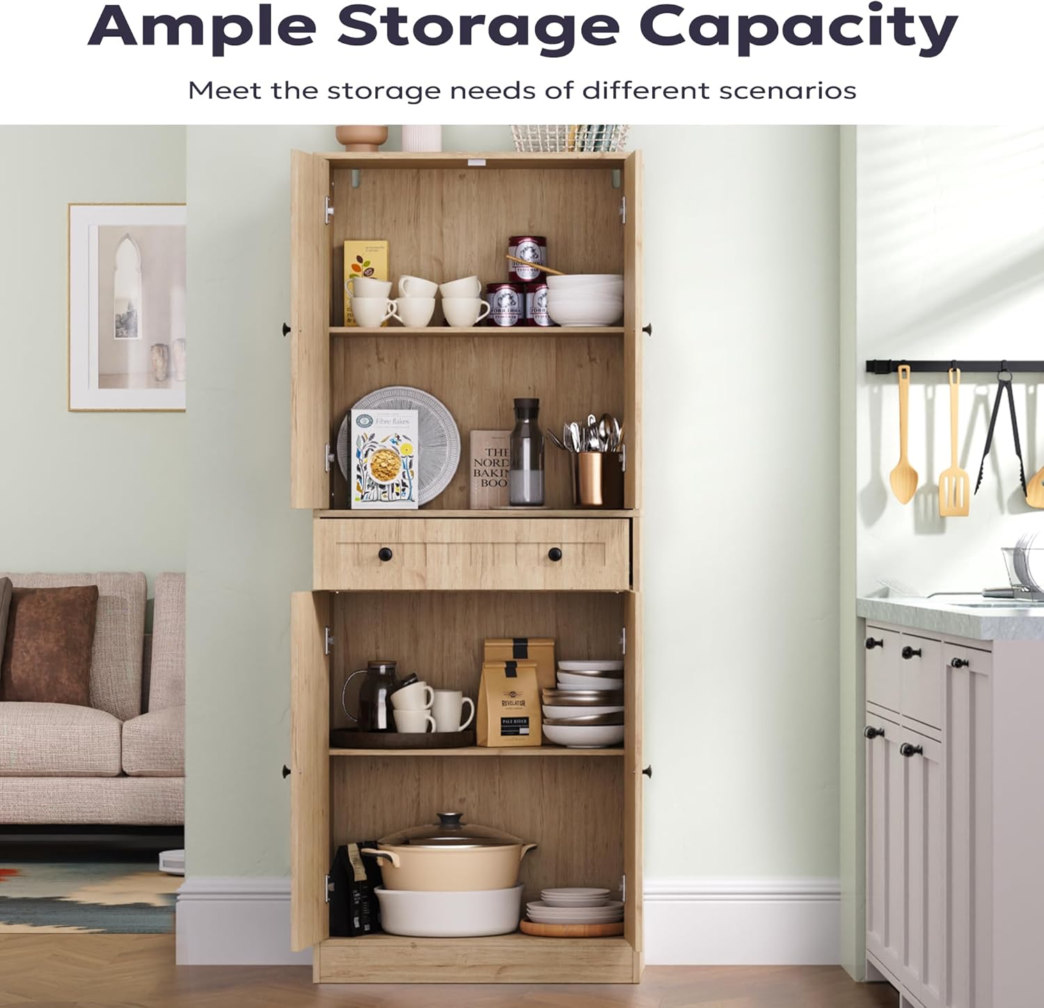 Furnify Kitchen Pantry Storage Cabinet, 71" H Farmhouse Pantry Cabinet with 4 Doors & Drawer, Freestanding Cupboard with Adjustable Shelves, Rustic Wood Cupboard for Kitchen, Dining Room, Natural