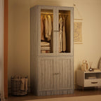 VOWNER 75" Tall Armoire Wardrobe Closet with 2 Glass Doors | Adjustable 3-color Lighting, Clothing Storage Cabinet with Hanging Rod, Wooden Armoire Storage Cabinet for Bedroom (Grey Oak)