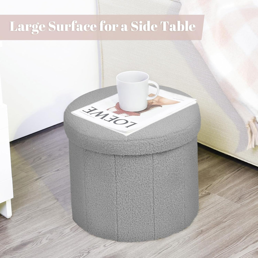 BoxedHome Dorm Room Storage Round Cute Ottoman with Storage Boucle Foot Stool Footrest for Lving Room, Support 220lbs, Gray 15"x15"x12.6"