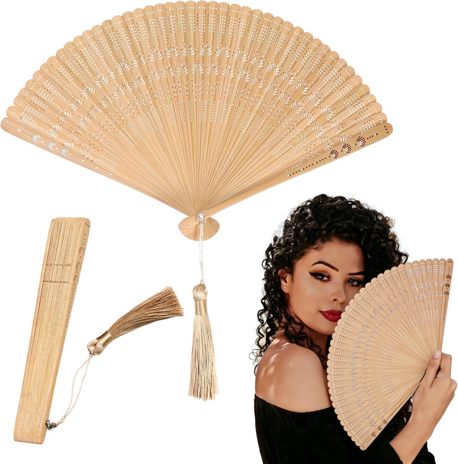Ipetboom 2pcs Bamboo Folding Hand Fans - 12.5 in Vintage Style Foldable Handheld Fan for Women Ladies Girls Portable Elegant Summer Weddings Parties and Home Decoration Accessory Gift - Brown