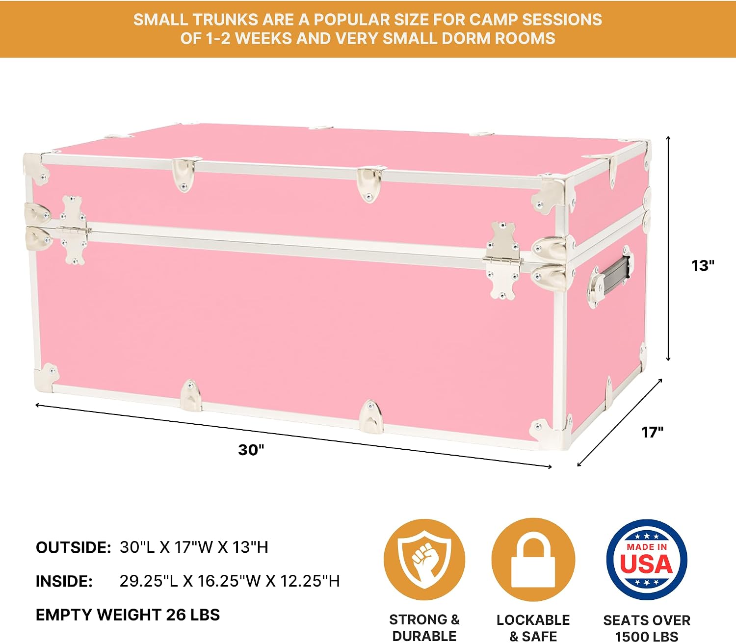 Rhino Trunk & Case Classic Camp & College Trunk with Wheels. 30"x17"x13", 1500+ lbs Capacity - Many Colors, Soft-Close Lid. Strong, USA Made Summer Camp Footlocker and Secure Dorm Storage Chest
