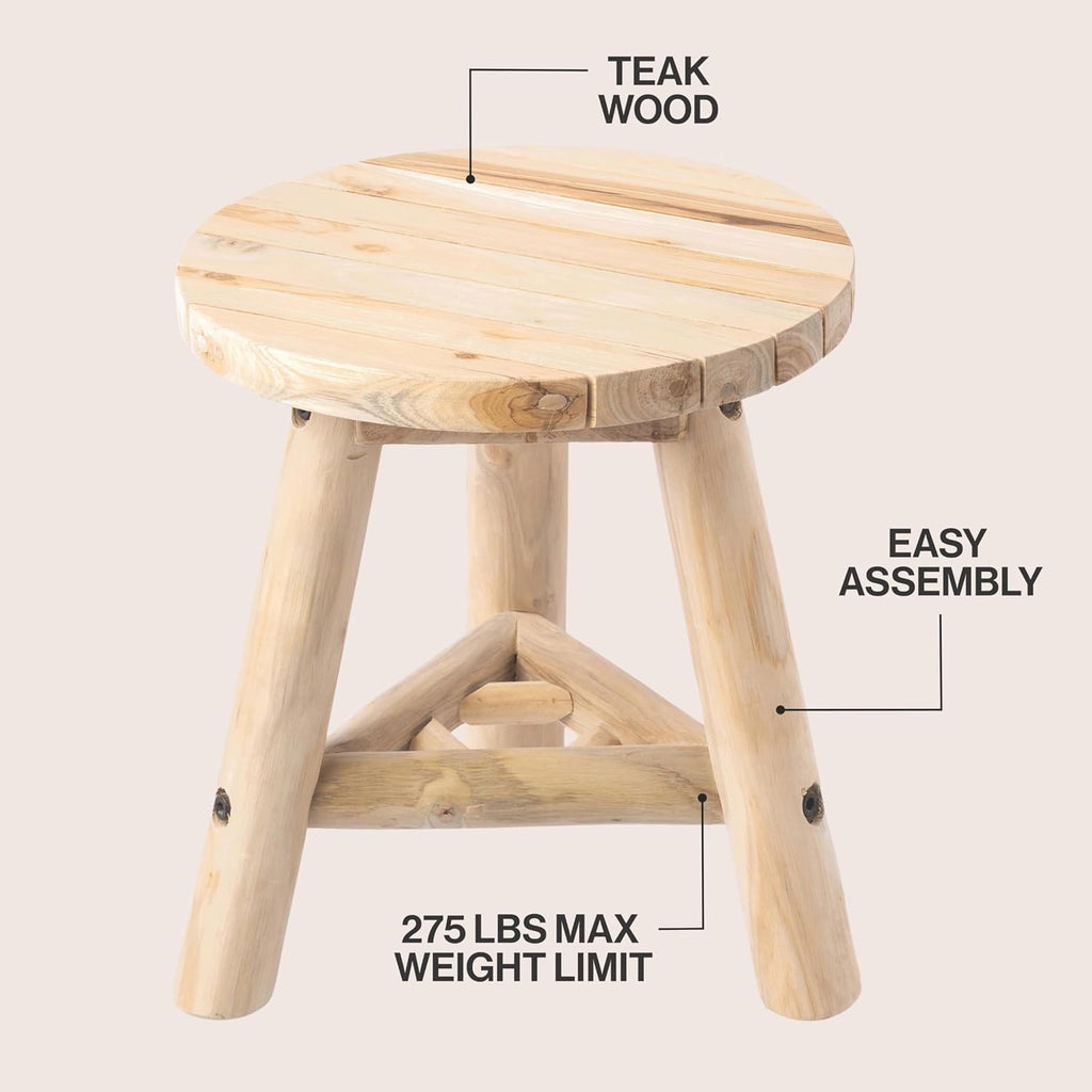 JONATHAN Y Finesse Handcrafted Solid Teak Wood Accent Stool, 14" Rustic Round Backless Step Stool for Living Room, Natural Bleach Finish Side Table, Holds up to 275 lbs STL3008A