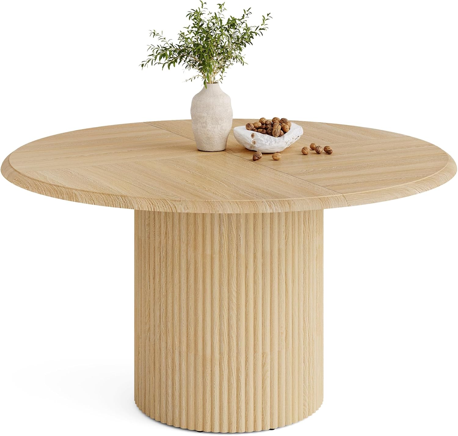 LITTLE TREE 47 Inches Round Dining Table for 4, Farmhouse Natural Wooden Dining Room Table with Heavy Duty Fluted Pedestal, Large Circle Kitchen Dinner Table for Dining Room, Living Room (Table Only)
