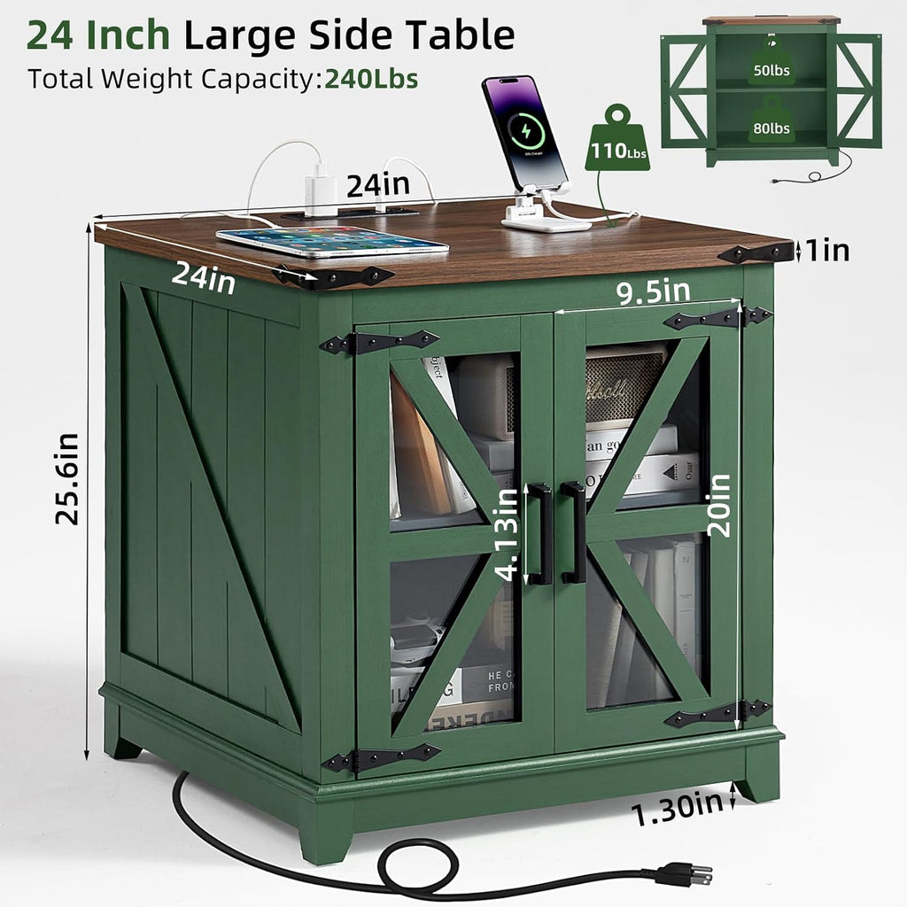 Joaxswe Farmhouse End Table with Charging Station, 24" Large Sofa Side Table with Glass Barn Door, Green Nightstand with Adjustable Storage Shelf, Wood Square Bedside Table for Living Room, Bedroom