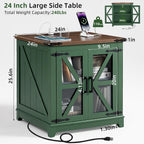 Joaxswe Farmhouse End Table with Charging Station, 24" Large Sofa Side Table with Glass Barn Door, Green Nightstand with Adjustable Storage Shelf, Wood Square Bedside Table for Living Room, Bedroom