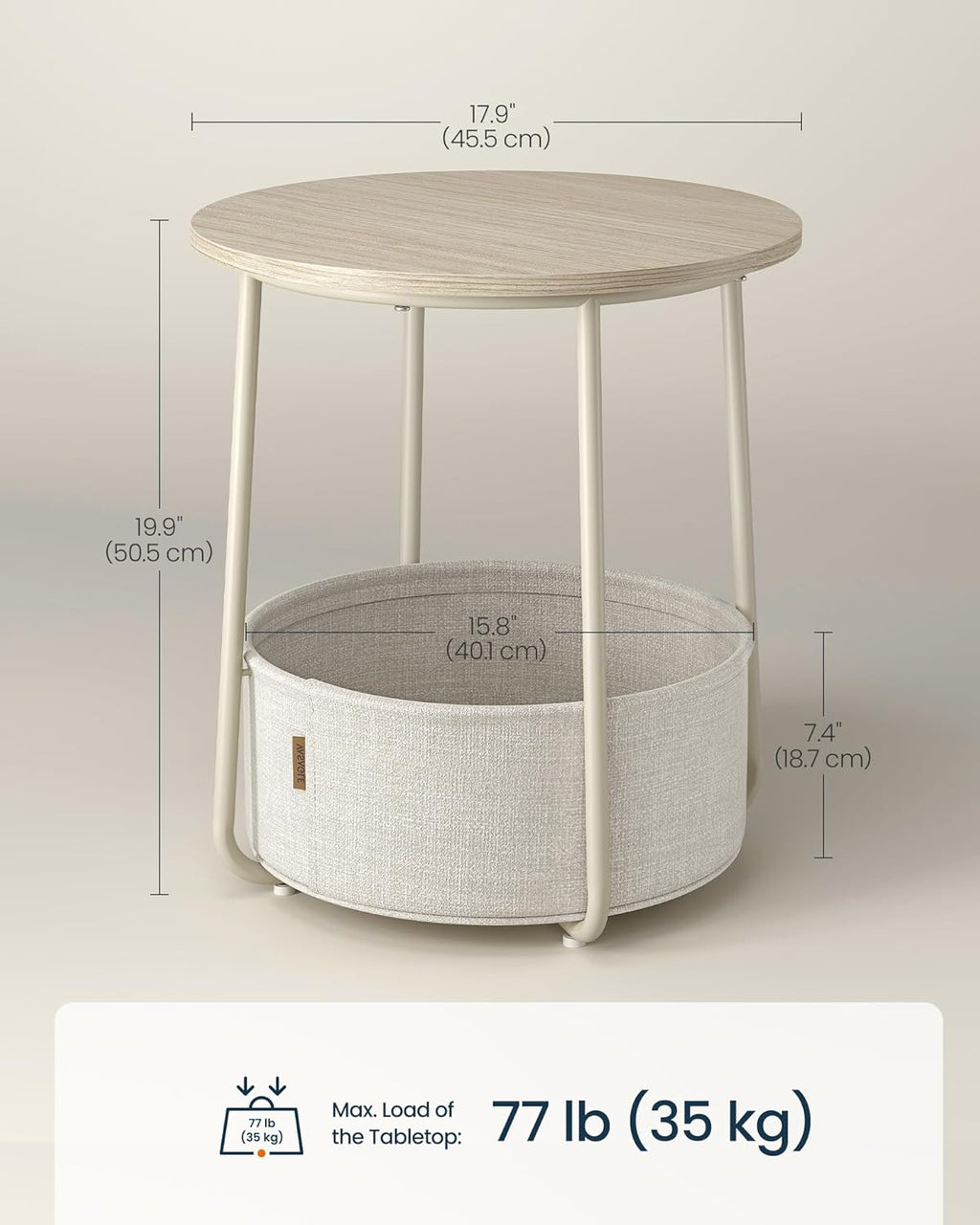 SONGMICS HOME Small Side Table, Round End Table, 2 Tier Nightstand with Basket, U Shaped Steel Legs, Easy Assembly, for Living Room, Bedroom, Beige and White