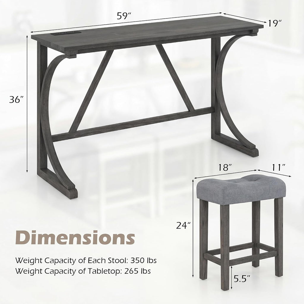 COSTWAY 4-Piece Farmhouse Bar Table Set with Power Outlet, Counter Height Dining Table Set w/ 3 Upholstered Stools, Wood Console Table Set for Kitchen, Dining Room, Living Room (Gray)