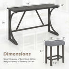 COSTWAY 4-Piece Farmhouse Bar Table Set with Power Outlet, Counter Height Dining Table Set w/ 3 Upholstered Stools, Wood Console Table Set for Kitchen, Dining Room, Living Room (Gray)