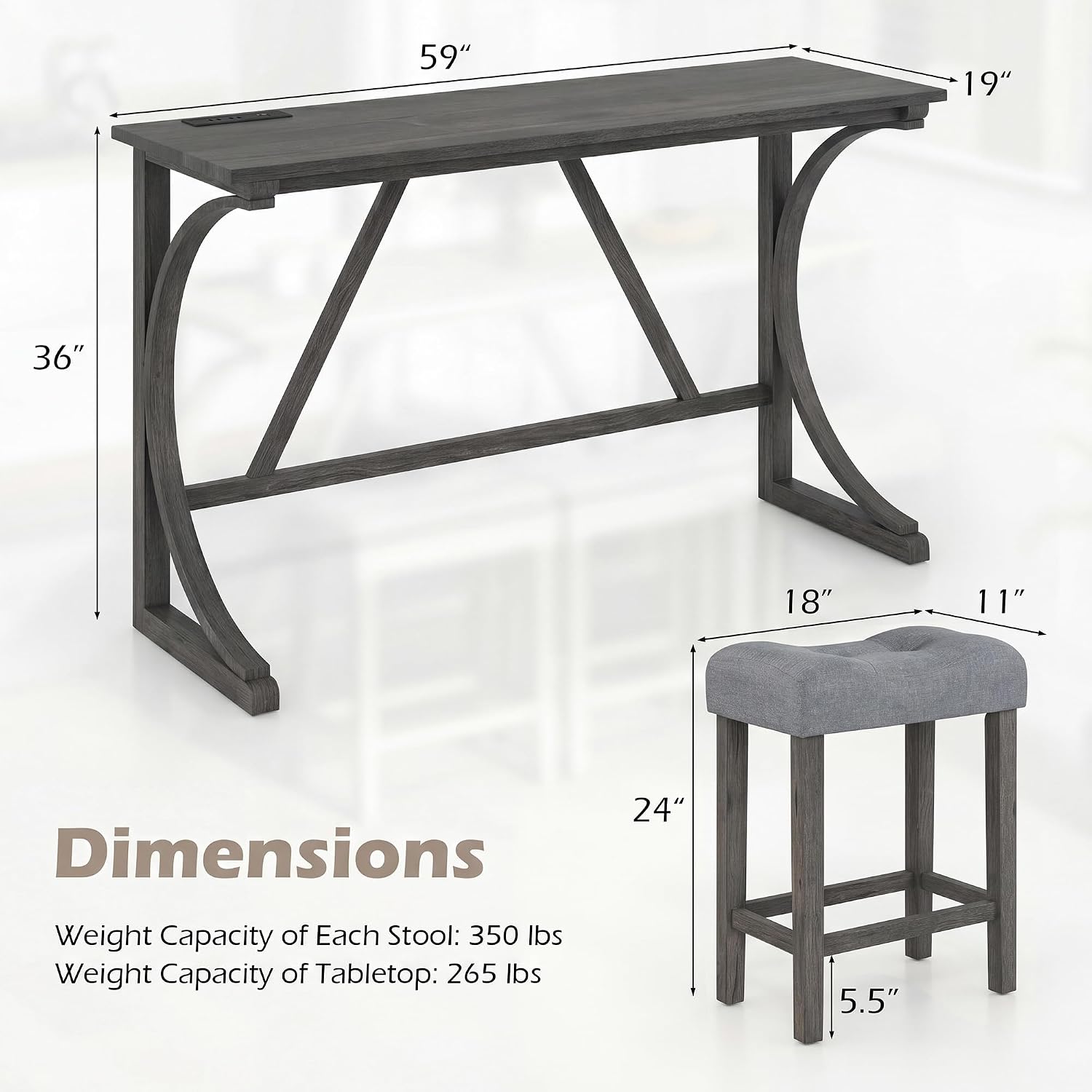 COSTWAY 4-Piece Farmhouse Bar Table Set with Power Outlet, Counter Height Dining Table Set w/ 3 Upholstered Stools, Wood Console Table Set for Kitchen, Dining Room, Living Room (Gray)