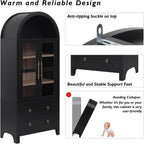 71" Tall Arched Kitchen Pantry, Modern Farmhouse Storage Cabinet with 2 Glass Doors, Adjustable Shelves, Rustic Wood Cupboard with 2 Drawers for Kitchen, Dining Room, Black