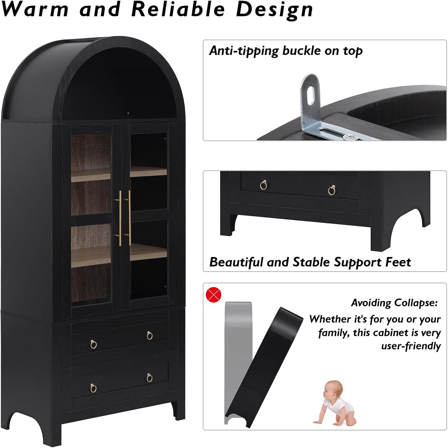 71" Tall Arched Kitchen Pantry, Modern Farmhouse Storage Cabinet with 2 Glass Doors, Adjustable Shelves, Rustic Wood Cupboard with 2 Drawers for Kitchen, Dining Room, Black