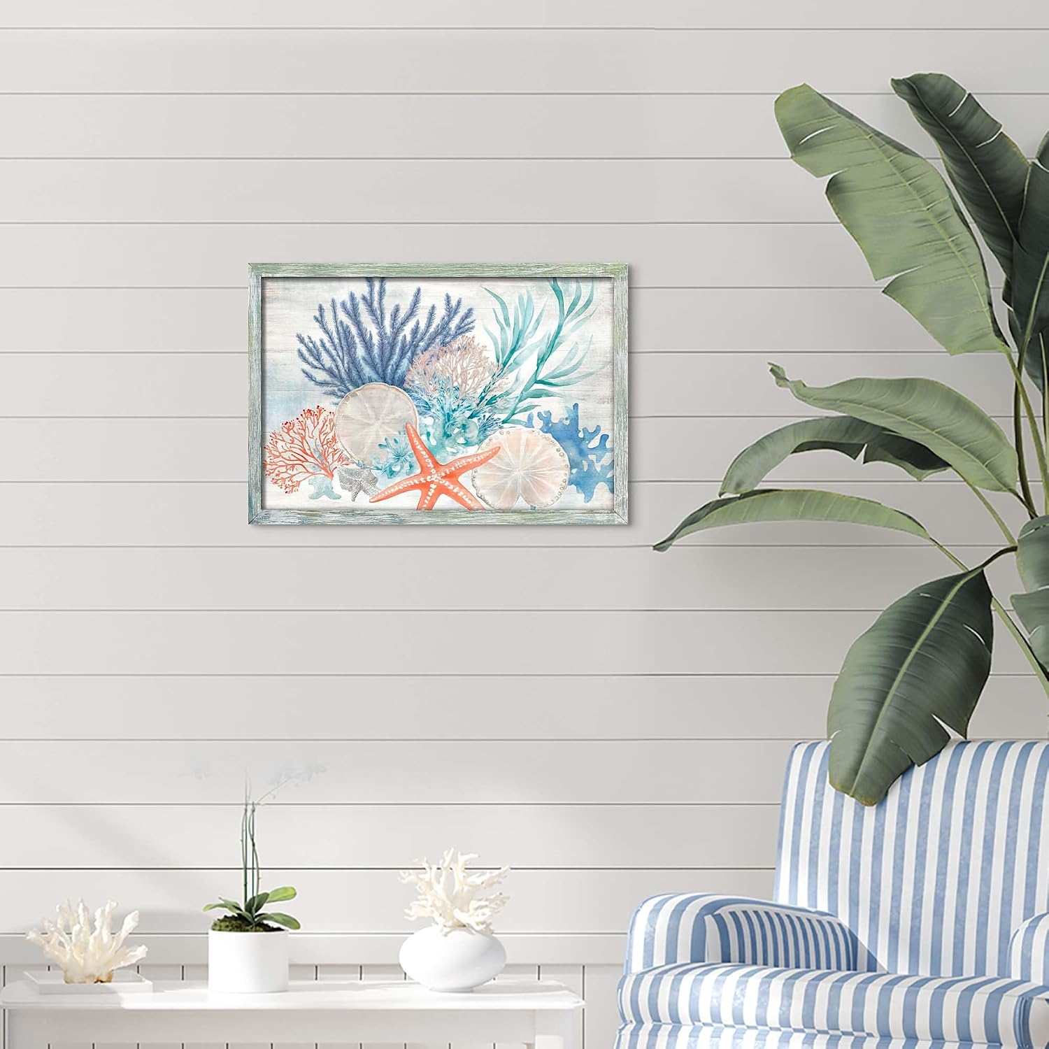 Sea Framed Wall Art Decor: Vintage Starfish Picture Colorful Ocean Coral Painting Undersea Seagrass Prints Green Marine life Artwork for Bathroom