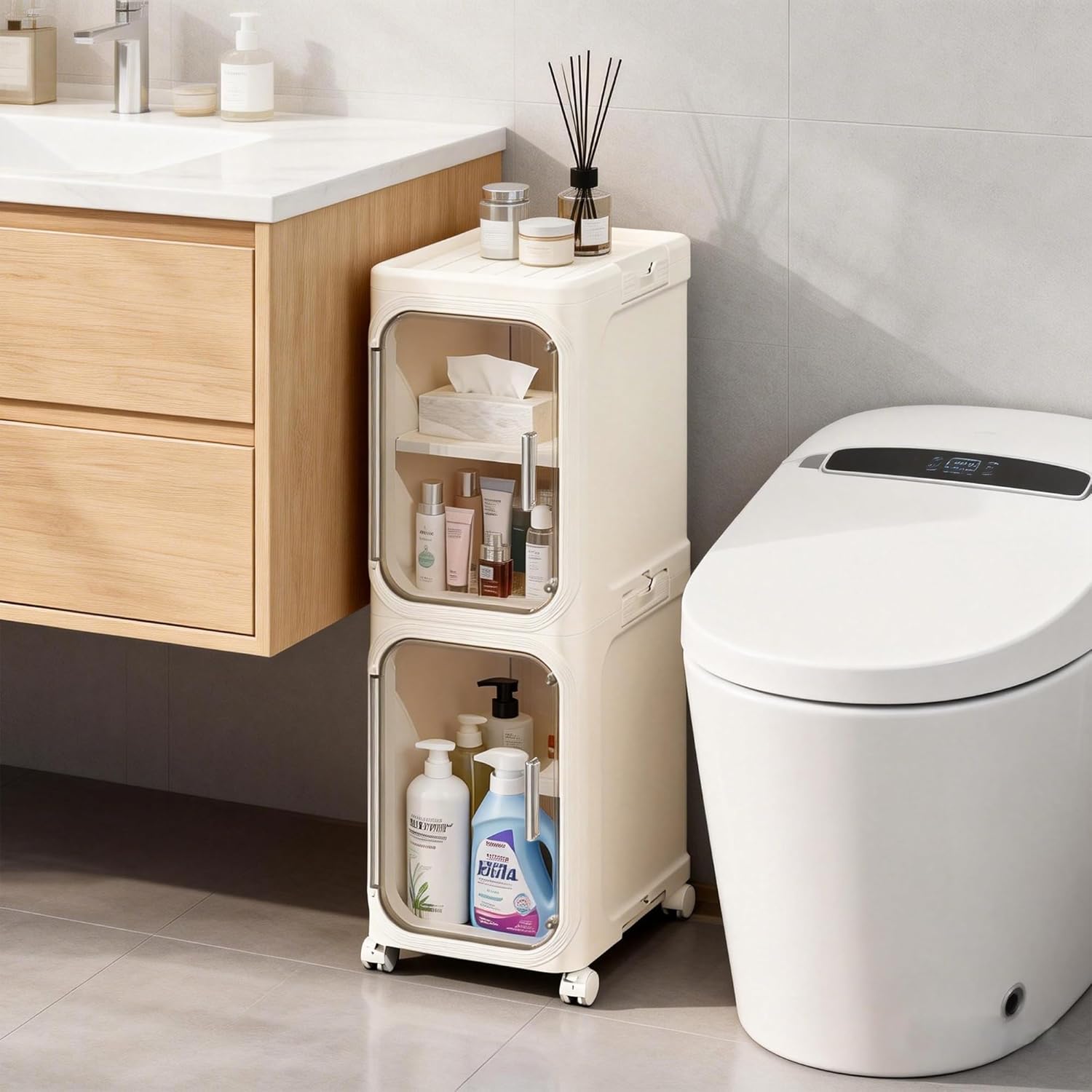 LXLXXL Narrow Storage Cabinet Slim Bathroom Storage Cabinet with Movable Wheels Tall Bathroom Organizer Skinny Cabinet for Small Spaces，2-Tier Beige
