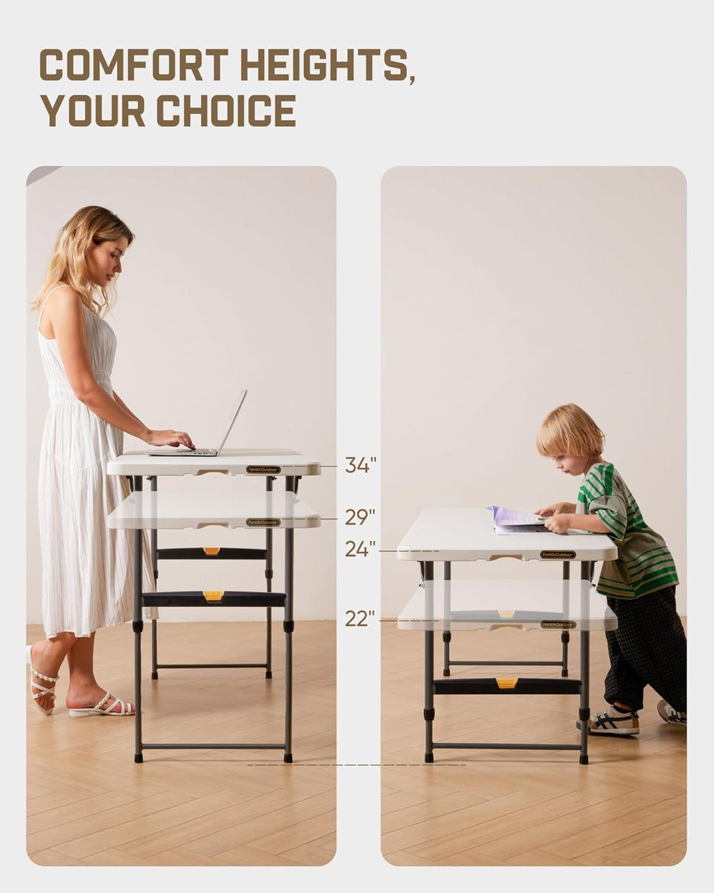 FanttikOutdoor Folding Table 4 Foot, Effortless Quick Adjustable Height Foldable Small Card Table, Fixing Lock, Stable for Party Dining Events Picnic Indoor Outdoor Camping, 1 Pack, Zeta X4 Pro White