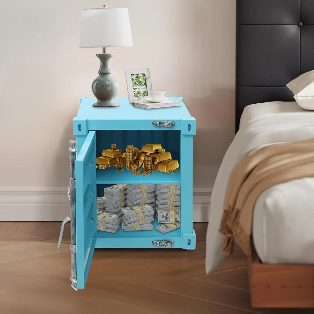 Side Table, Industrial Metal Container Cabinet,Wrought Iron Container Side Table with Concealed Storage for Bedroom, Living Room Bar (Blue)