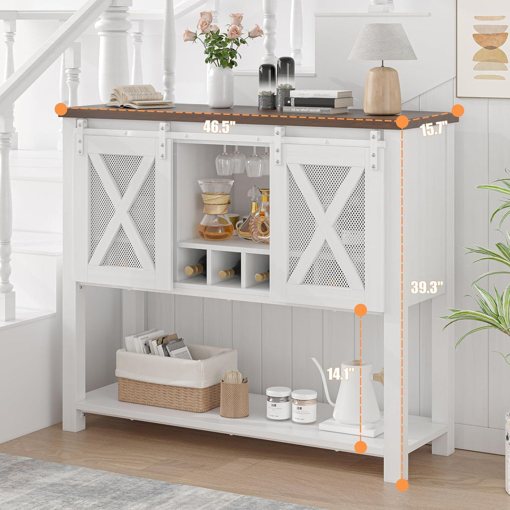 IDEALHOUSE Wine Bar Cabinet with Sliding Barn Door, Coffee Cabinet with Wine Rack and Glass Holder, Kitchen Buffet Sideboard with Storage, Liquor Bar for Living Room, Dining Room, White