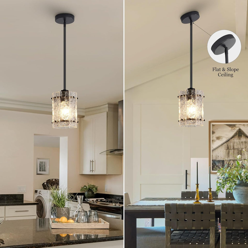 Black Glass Pendant Lights Kitchen Island, Water Ripple Round Pendant Lights Adjustable Modern Hanging Pendant Light Fixtures for Kitchen Island Dining Room Above Sink Foyer Entryway 1 Pack