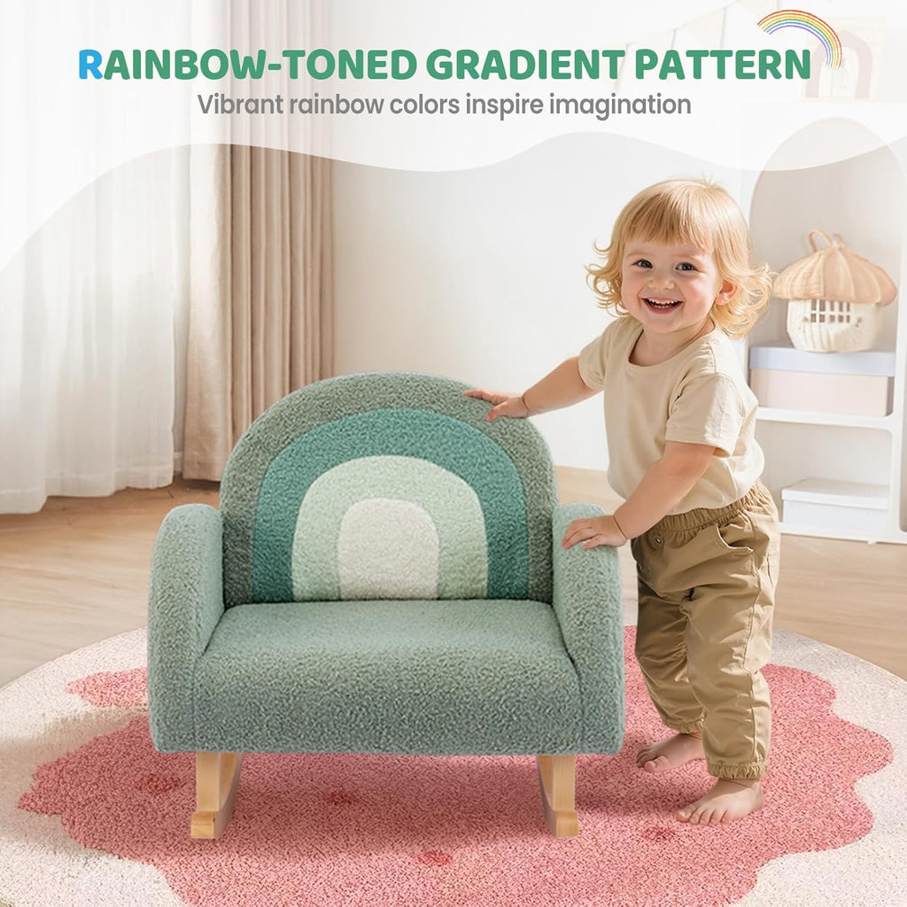 JOYMOR Kids Chair, Teddy Fleece Toddler Rocking Chair with Solid Wood Legs, Anti-Tip Design, Kids Sofa for Nursery, Playroom, Green