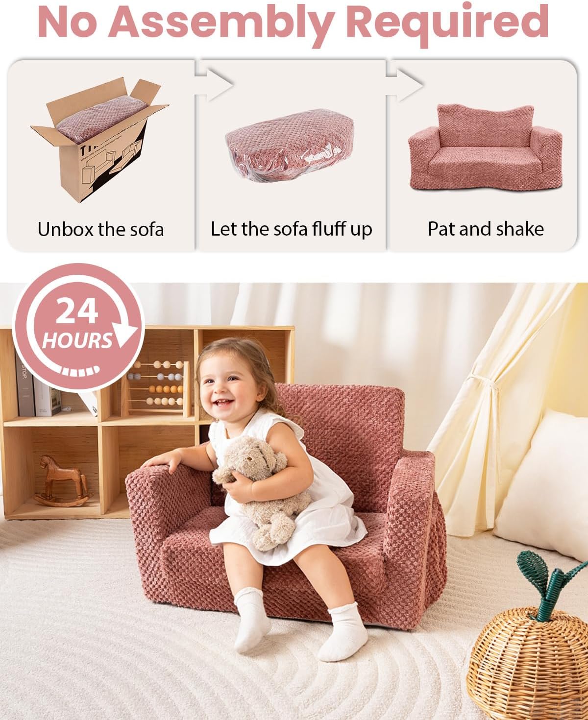 TinyPalsa Foldable Toddler Couch with Soft Sherpa Cover, 2-in-1 Comfy Toddler Sofa & Lounger for 3+ Years Old Girls Boys, Kids Chair with Pockets & Handle for Reading, Playroom (Pink)