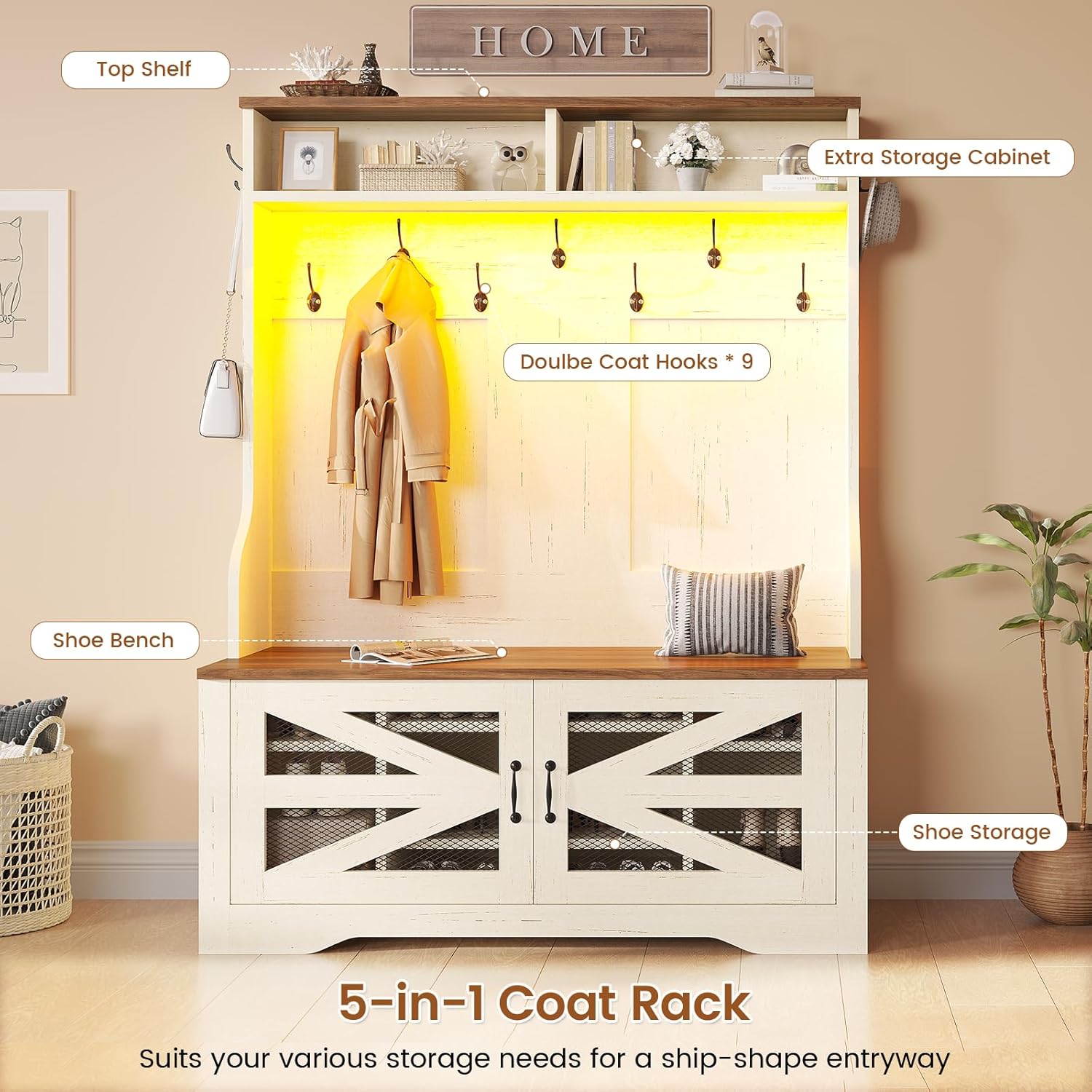 Itaar Hall Tree with Bench and Shoe Storage, 5-in-1 Entryway Bench with Coat Rack, 10 Shoe Cubbies & 9 Coat Hooks, Barn Door & Adjustable Shelf (White)
