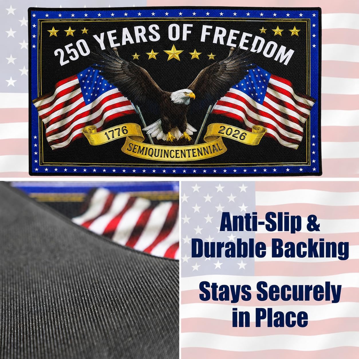 Patriotic Door Mat 250th Anniversary Doormat,4th of July Patriotic Mat with Bald Eagle & Stars Mat,17"x28" Non-Slip Independence Day Freedom Memorial Day Porch Front Decor
