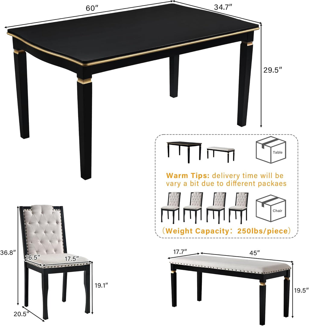 Harper & Bright Designs 6-Piece Kitchen Dining Table Chairs Set, 60" Rectangular Table and 4 High-Back Tufted Chairs & 1 Bench for Dining Room and Kitchen (Black)