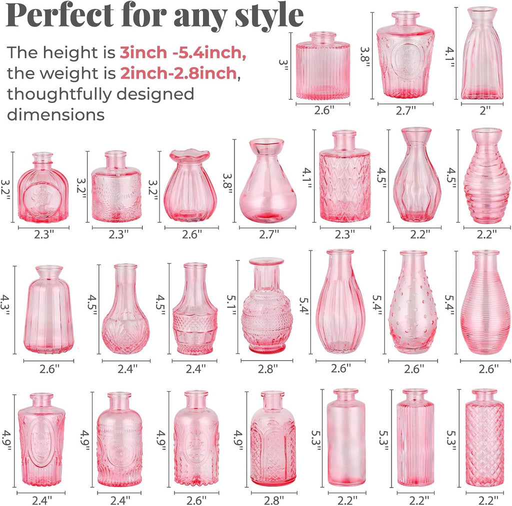 BEAHOT 24 Pack Pink Bud Vases in Bulk,Mini Glass Vintage Vases for Centerpieces,Wedding Decor, Small Flower Vases for Party & Home Decaration,Mother's Day (Pink)