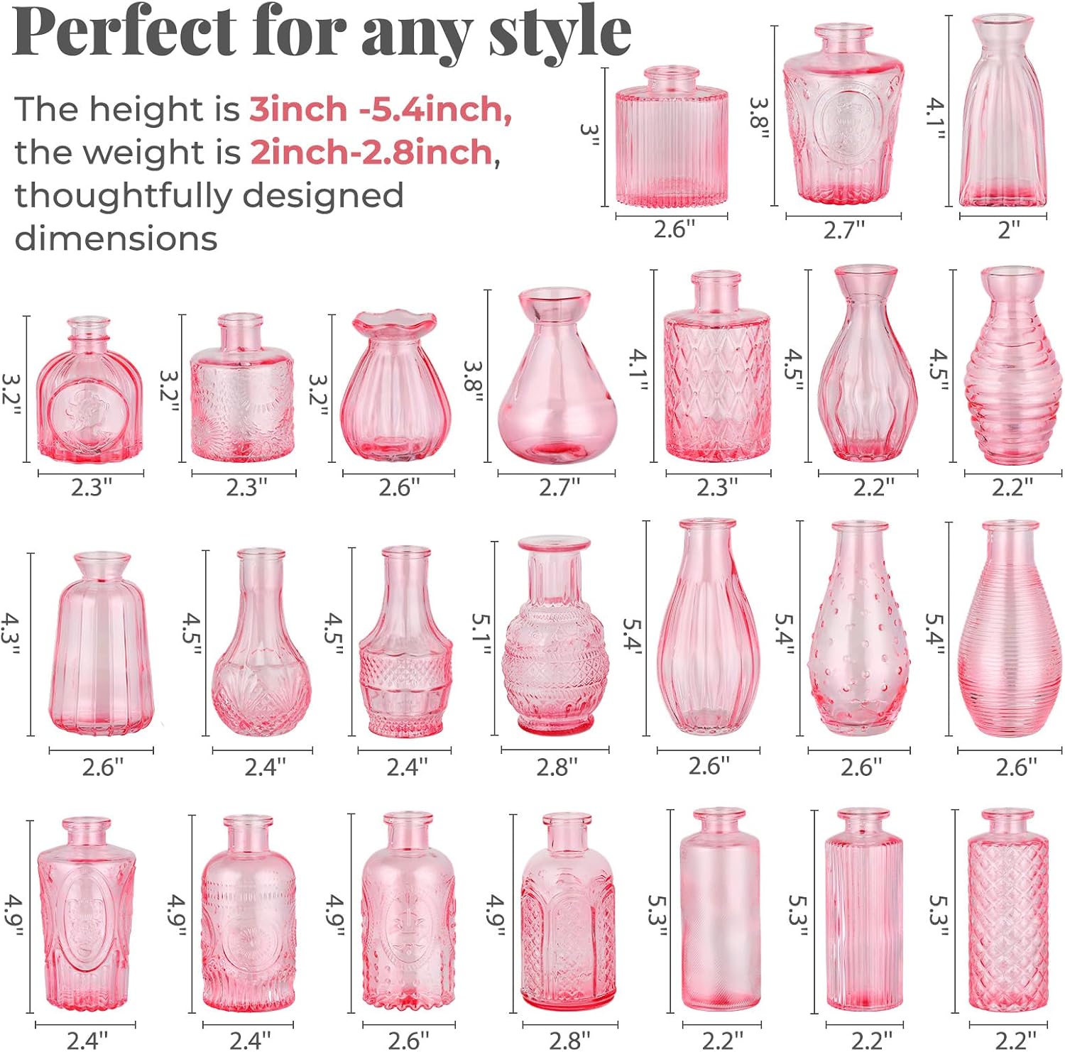BEAHOT 24 Pack Pink Bud Vases in Bulk,Mini Glass Vintage Vases for Centerpieces,Wedding Decor, Small Flower Vases for Party & Home Decaration,Mother's Day (Pink)
