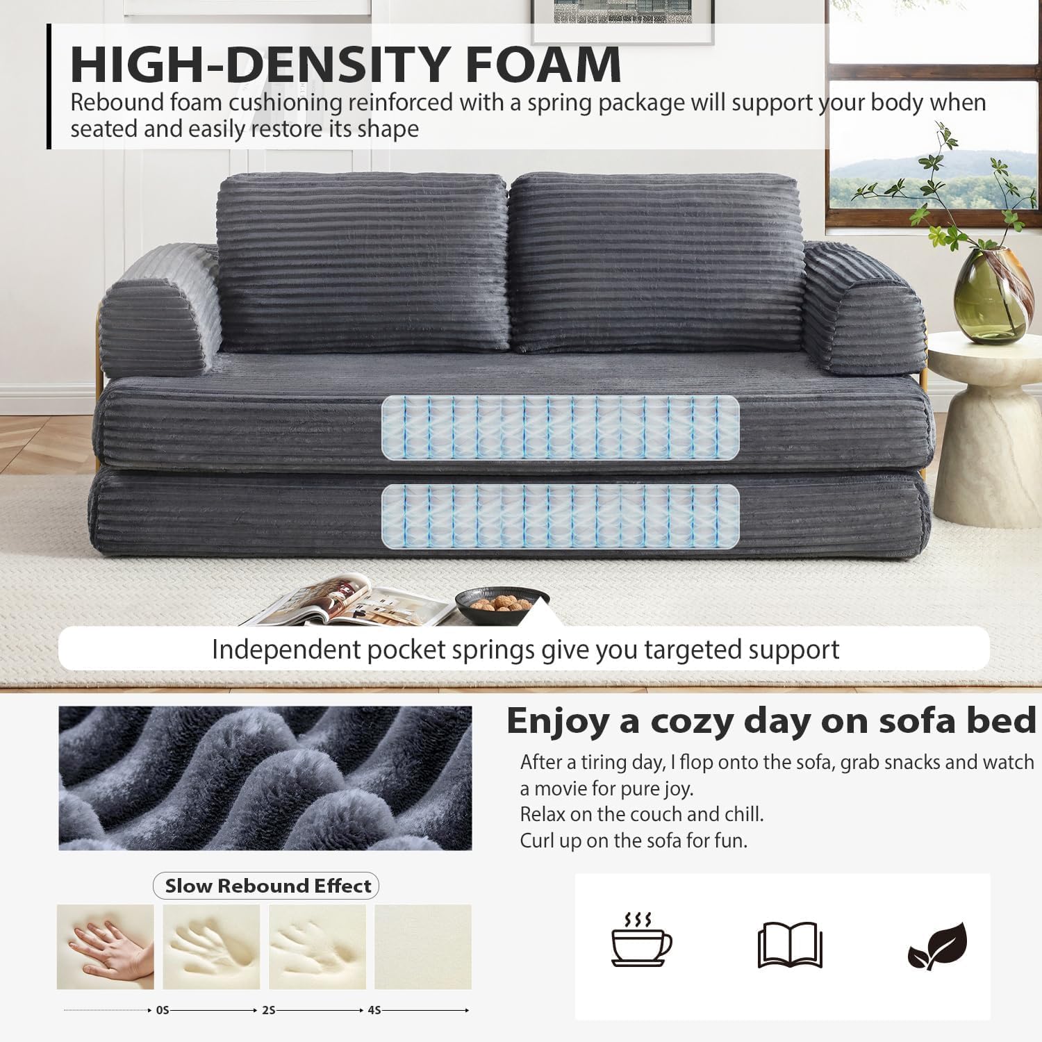 Convertible Folding Sofa Bed, Modern Futon Sleeper Sofa Fold Out Couch Bed with Gold Fixed Frame, Modular Floor Sofas Comfy Corduroy Boneless Couches for Living Room (80" Grey)