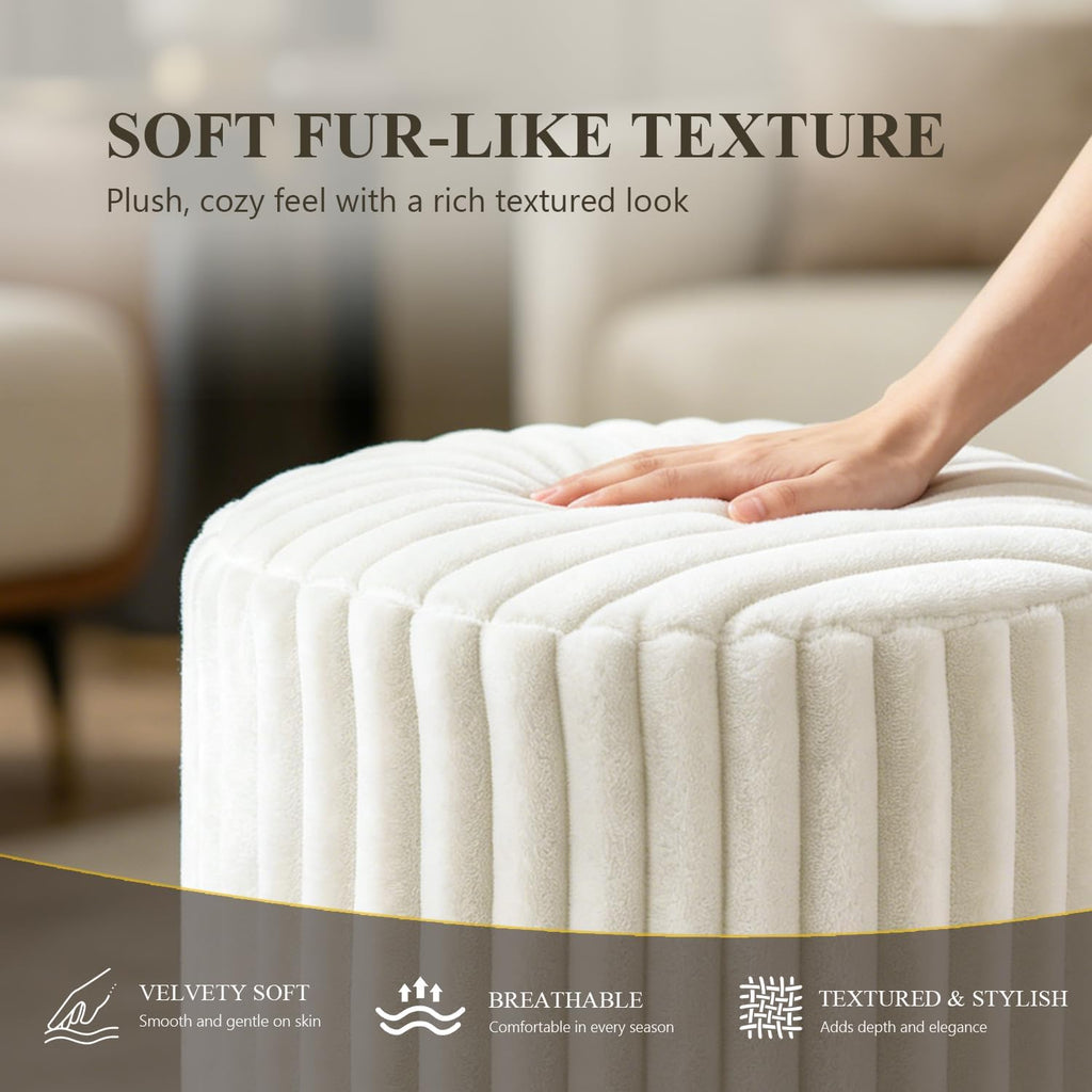 Round Ottoman Stool, Fur-Like Upholstered Small Ottoman Foot Rest with Gold Stainless Steel Plinth Base, Modern Vanity Stool for Living Room, Bedroom, Entryway, White