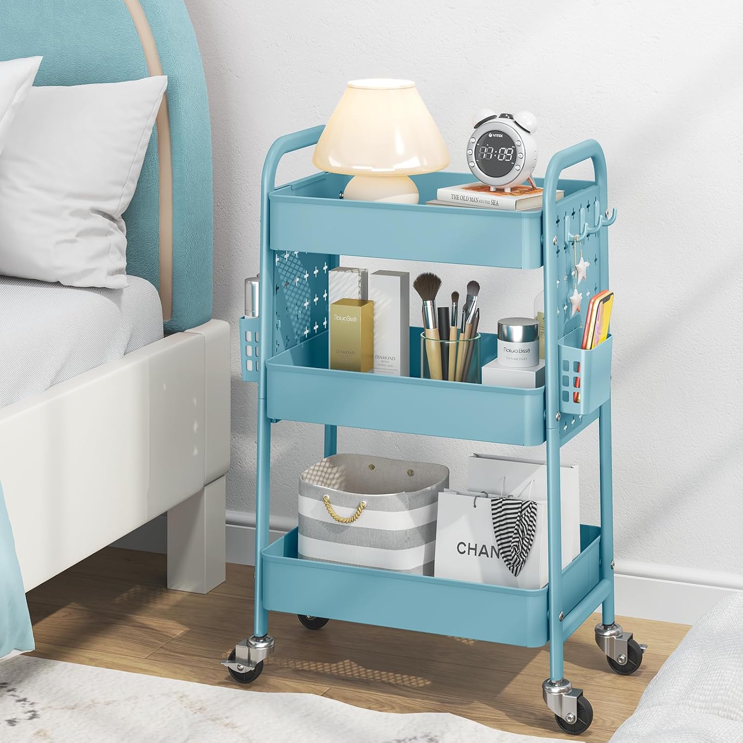 TOOLF Metal Rolling Storage Cart, 3-Tier Utility Mobile Cart with DIY Pegboards, Serving Trolley Cart with Baskets Hooks, for Kitchen, Bathroom, Office, Home, Classroom (Blue)