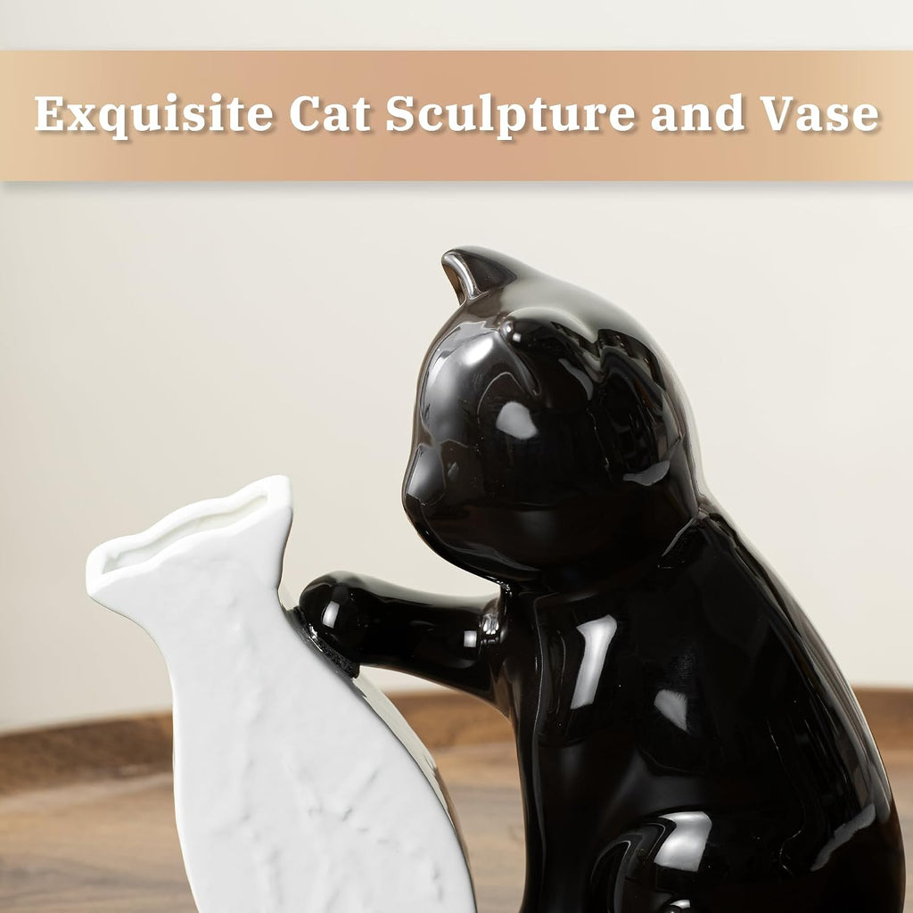 Cute Cat Vase with Flowers, 7.5in Small Ceramic Flower Vase & Cat Figurine | Unique Creative Black Vase Gifts for Cat Lovers, Decorative Vases for Home Office Bedroom Table Centerpieces Shelf Decor