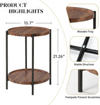 TeoKJ 2 Tier Small Side Table, Folding Round Metal End Table with Two Removable Wooden Tray, No Assembly Nightstand for Bedroom Living Room Bedside Round Bedside Table for Small Spaces, Walnut