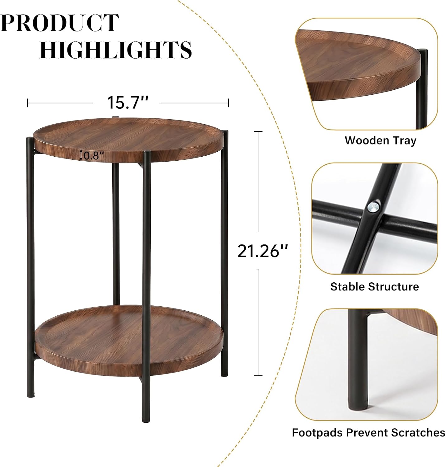 TeoKJ 2 Tier Small Side Table, Folding Round Metal End Table with Two Removable Wooden Tray, No Assembly Nightstand for Bedroom Living Room Bedside Round Bedside Table for Small Spaces, Walnut