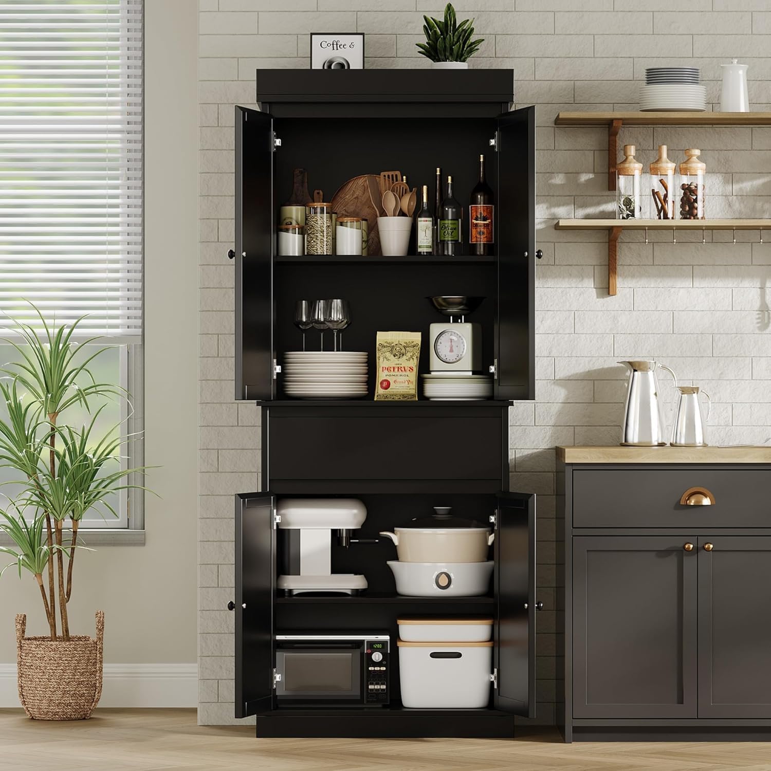 Tall Kitchen Pantry Cabinet - Rattan Doors, Adjustable Shelves, Freestanding Cupboard with Drawer for Bathroom, Dining Room, Living Room
