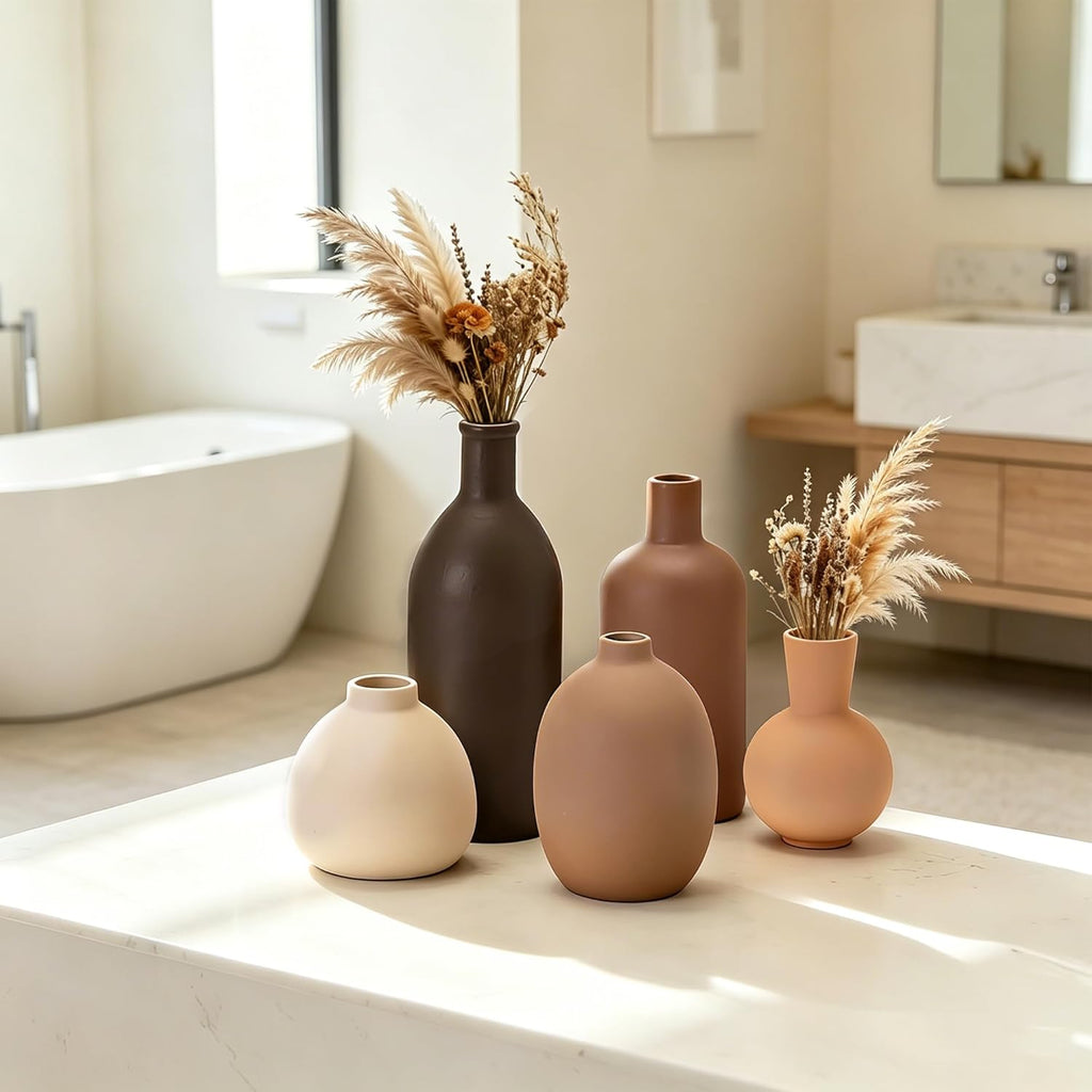 Small Ceramic Flower Vase Set, 5 Pack Modern Decorative Vases, Farmhouse Style Ornaments for Living Room, Kitchen, Bedroom, Party, Wedding