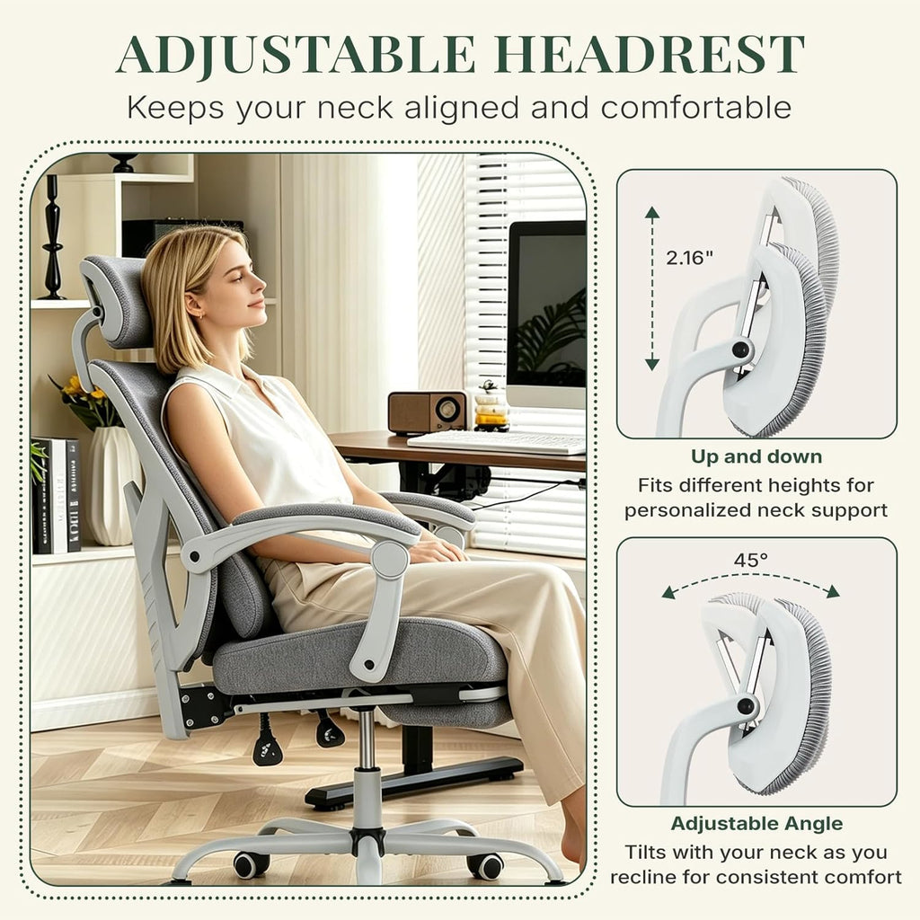 Ergonomic Office Chair with Footrest, High Back Home Desk Chair with Lumbar Support & Headrest, 90-135° Reclining Mesh Back Computer Chair with Wheels for Work, Gaming, Grey