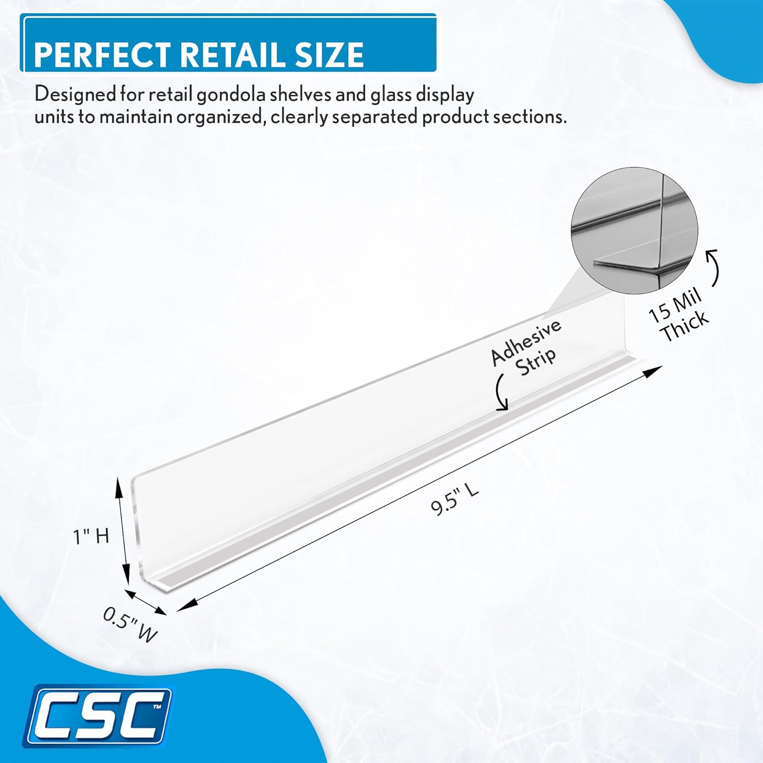 Clip Strip Corp. 50 Pack Shelf Dividers for Retail Stores, 1" H x 9-9/16" L, 15 mil Crystal Clear PVC Adhesive Mount Retail Shelf Separator, SD-1510
